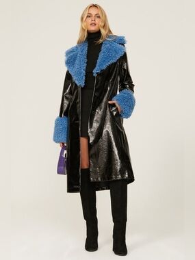 Black Patent Trench Coat with Blue Faux-Shearling Trim